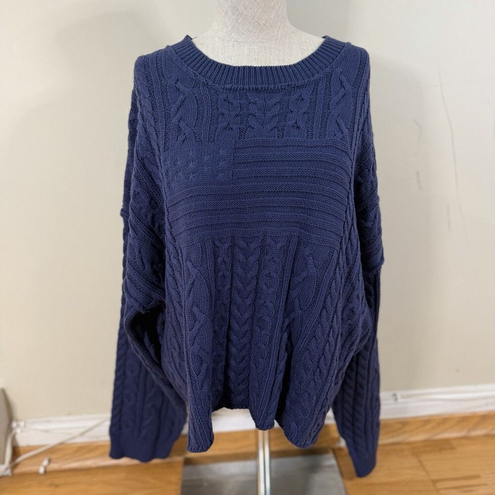 Altar'd State USA Flag Mixed Stitch Knit Crew Neck Pullover Sweater Blue XL